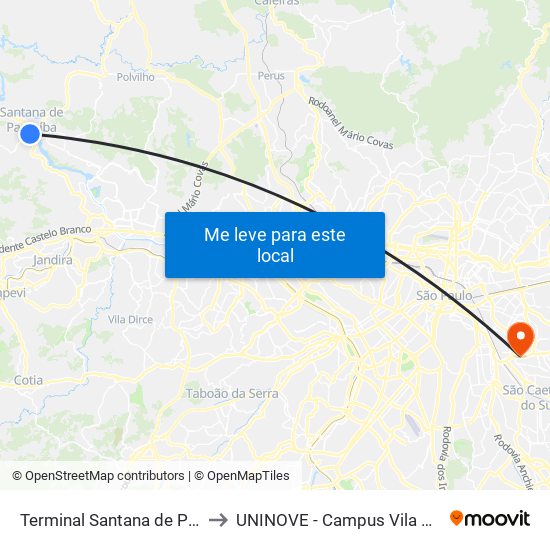 Terminal Santana de Parnaíba to UNINOVE - Campus Vila Prudente map
