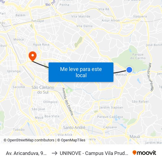 Av. Aricanduva, 9254 to UNINOVE - Campus Vila Prudente map