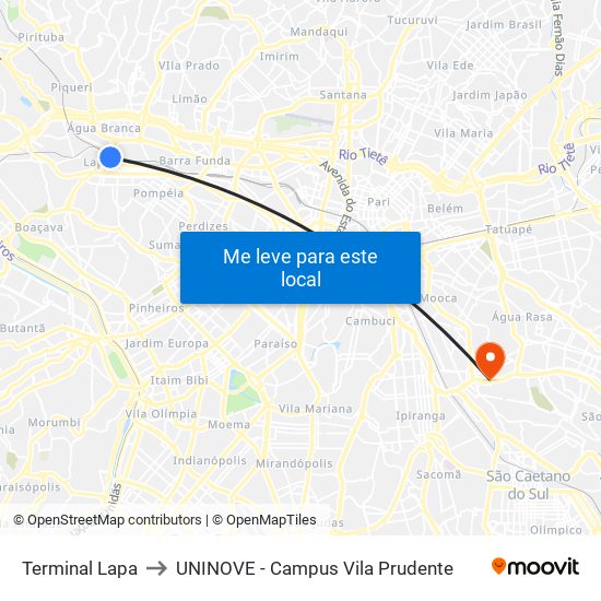 Terminal Lapa to UNINOVE - Campus Vila Prudente map