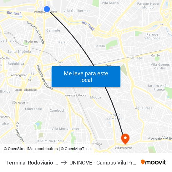 Terminal Rodoviário Tietê to UNINOVE - Campus Vila Prudente map