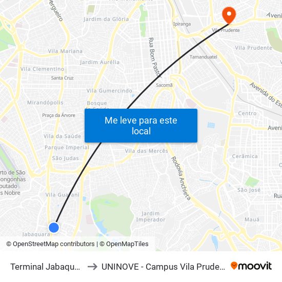Terminal Jabaquara to UNINOVE - Campus Vila Prudente map