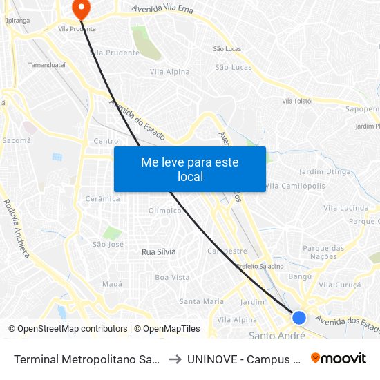 Terminal Metropolitano Santo André Leste to UNINOVE - Campus Vila Prudente map