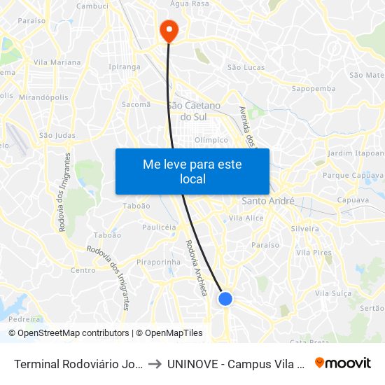 Terminal Rodoviário João Setti to UNINOVE - Campus Vila Prudente map