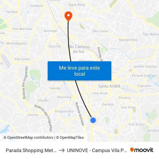 Parada Shopping Metropole to UNINOVE - Campus Vila Prudente map