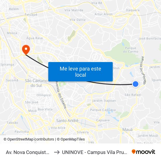 Av. Nova Conquista, 50 to UNINOVE - Campus Vila Prudente map