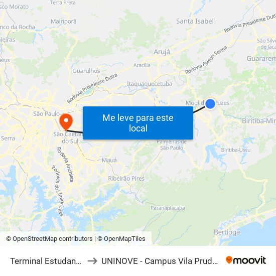 Terminal Estudantes to UNINOVE - Campus Vila Prudente map