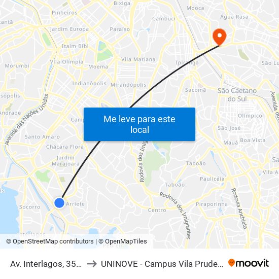 Av. Interlagos, 3501 to UNINOVE - Campus Vila Prudente map