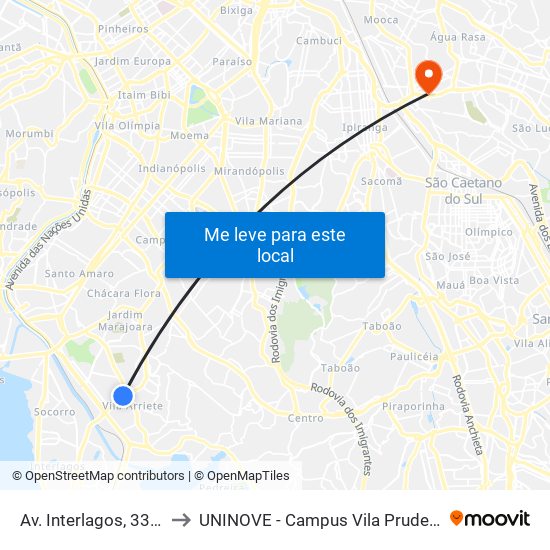 Av. Interlagos, 3337 to UNINOVE - Campus Vila Prudente map