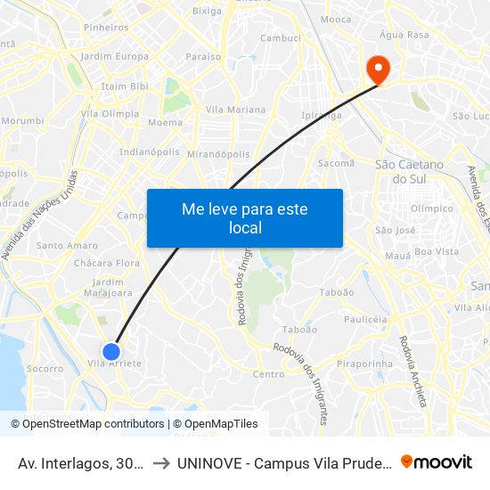 Av. Interlagos, 3060 to UNINOVE - Campus Vila Prudente map
