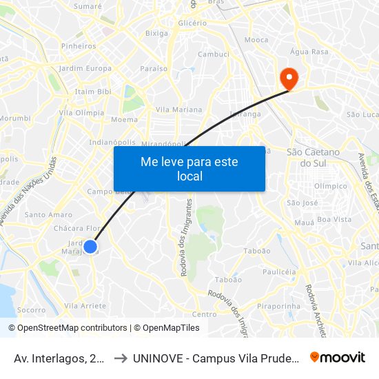Av. Interlagos, 285 to UNINOVE - Campus Vila Prudente map