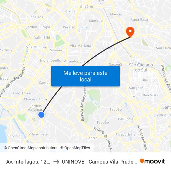Av. Interlagos, 1261 to UNINOVE - Campus Vila Prudente map