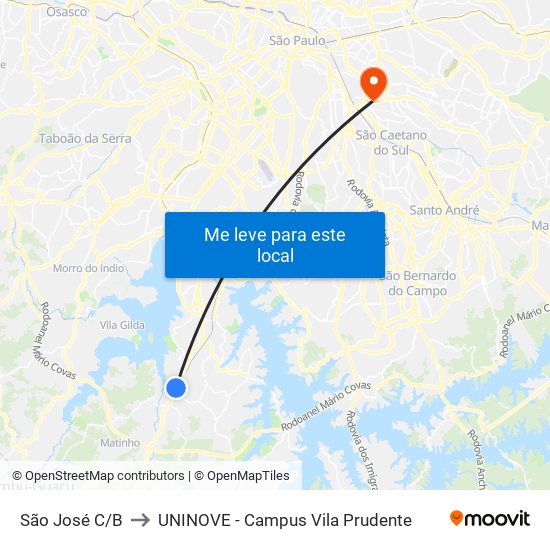 São José C/B to UNINOVE - Campus Vila Prudente map