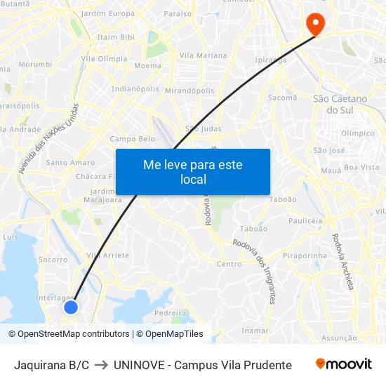 Jaquirana B/C to UNINOVE - Campus Vila Prudente map