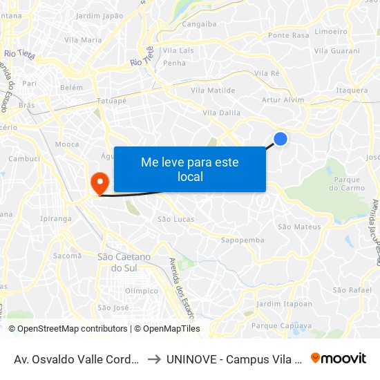 Av. Osvaldo Valle Cordeiro, 614 to UNINOVE - Campus Vila Prudente map