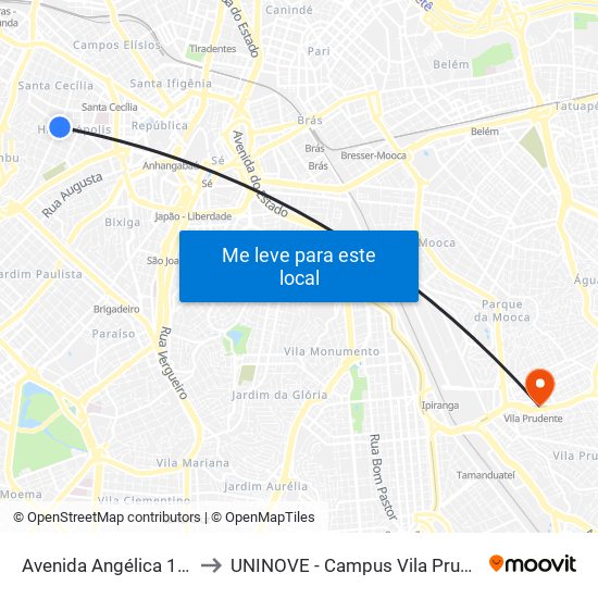 Avenida Angélica 1275 to UNINOVE - Campus Vila Prudente map