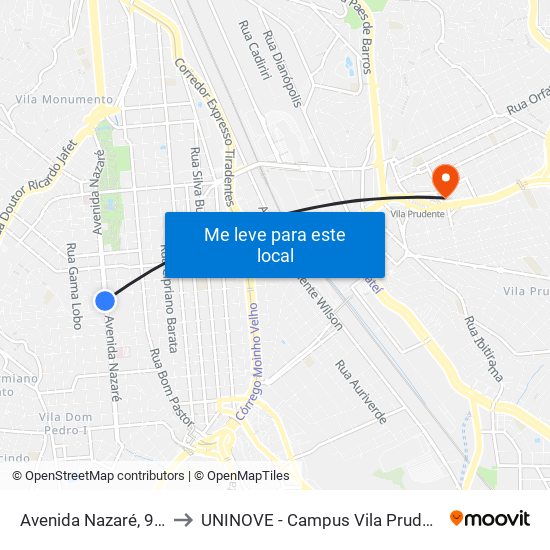 Avenida Nazaré, 943 to UNINOVE - Campus Vila Prudente map