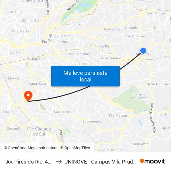 Av. Pires do Rio, 4628 to UNINOVE - Campus Vila Prudente map