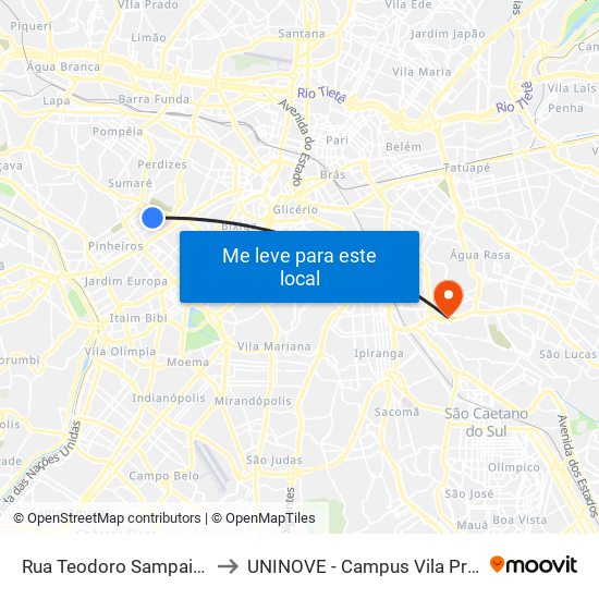 Rua Teodoro Sampaio, 335 to UNINOVE - Campus Vila Prudente map