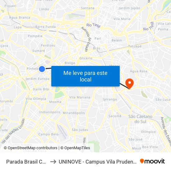 Parada Brasil C/B to UNINOVE - Campus Vila Prudente map