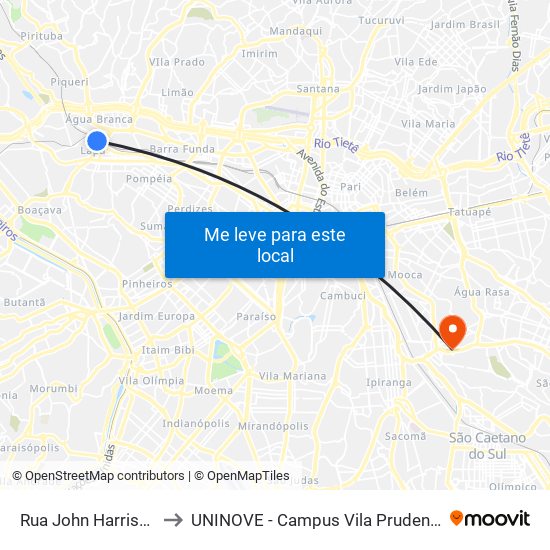 Rua John Harrison to UNINOVE - Campus Vila Prudente map