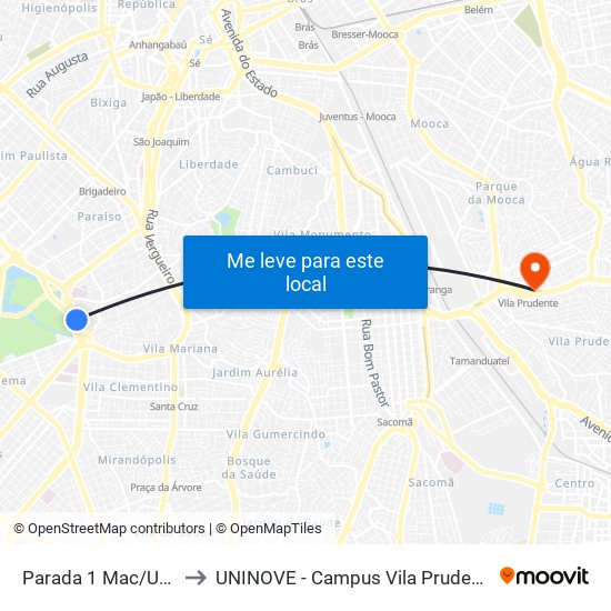 Parada 1 Mac/Usp to UNINOVE - Campus Vila Prudente map