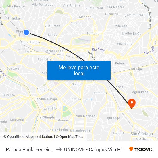 Parada Paula Ferreira B/C to UNINOVE - Campus Vila Prudente map