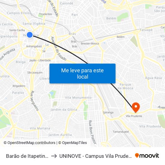 Barão de Itapetinga to UNINOVE - Campus Vila Prudente map