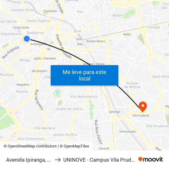 Avenida Ipiranga, 102 to UNINOVE - Campus Vila Prudente map