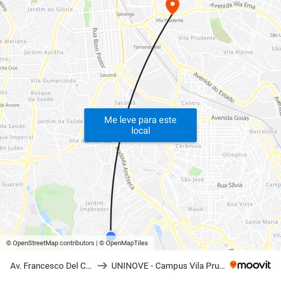 Av. Francesco Del Cossa to UNINOVE - Campus Vila Prudente map