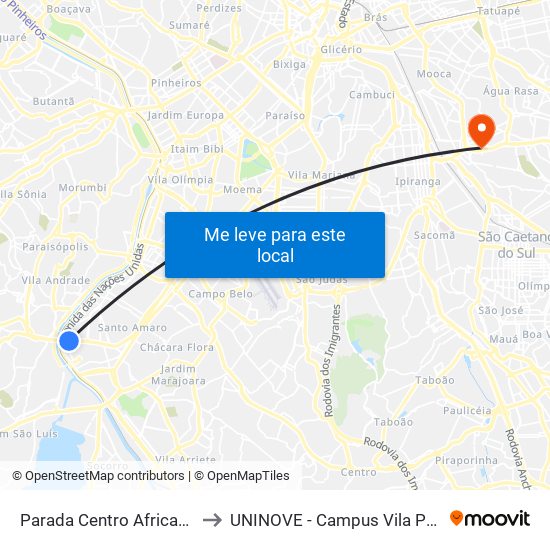 Parada Centro Africana B/C to UNINOVE - Campus Vila Prudente map