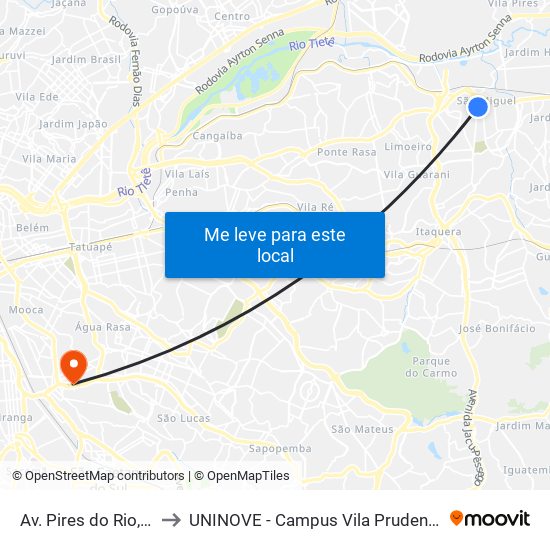 Av. Pires do Rio, 1 to UNINOVE - Campus Vila Prudente map