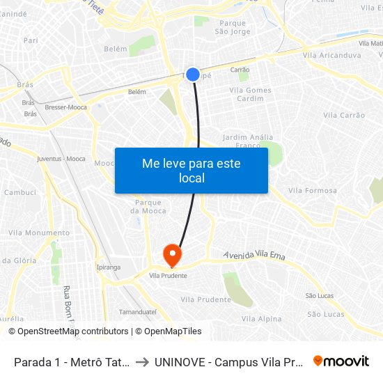 Parada 1 - Metrô Tatuapé to UNINOVE - Campus Vila Prudente map