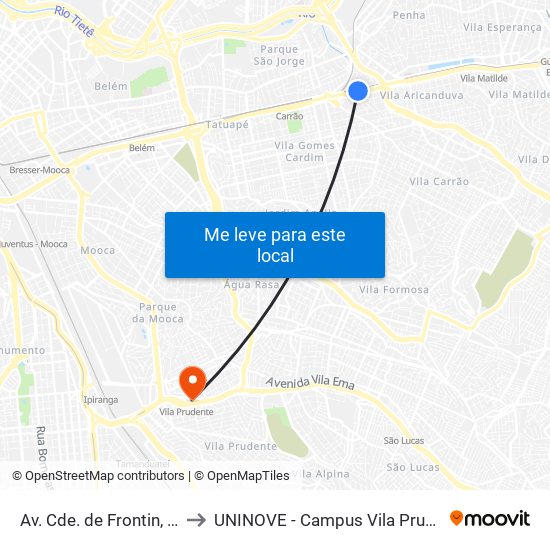 Av. Cde. de Frontin, 542 to UNINOVE - Campus Vila Prudente map