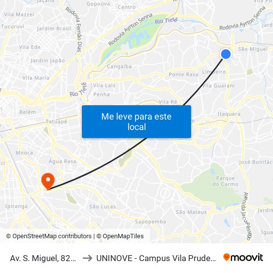 Av. S. Miguel, 8201 to UNINOVE - Campus Vila Prudente map