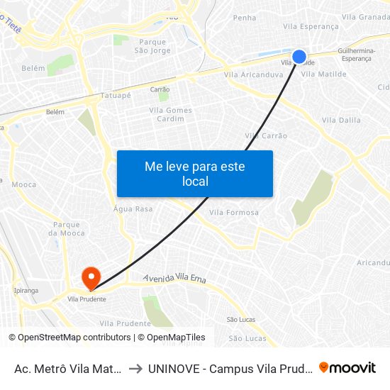 Av. Cde. de Frontin to UNINOVE - Campus Vila Prudente map