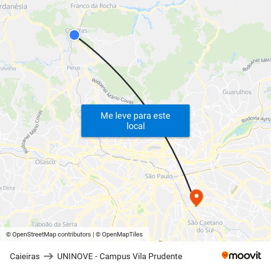 Caieiras to UNINOVE - Campus Vila Prudente map