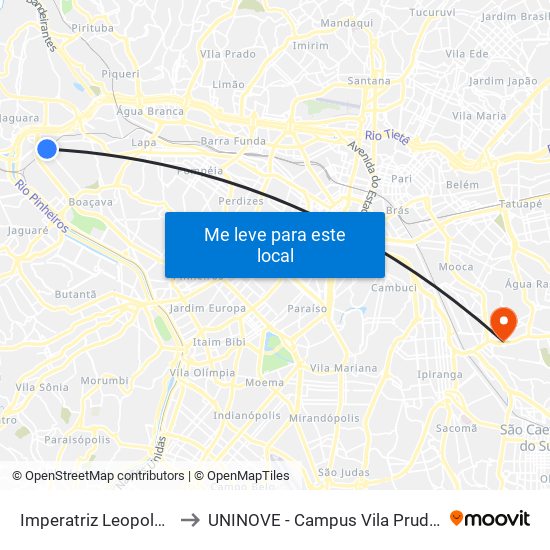 Imperatriz Leopoldina to UNINOVE - Campus Vila Prudente map