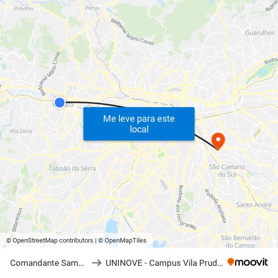 Comandante Sampaio to UNINOVE - Campus Vila Prudente map