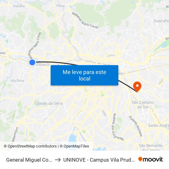 General Miguel Costa to UNINOVE - Campus Vila Prudente map