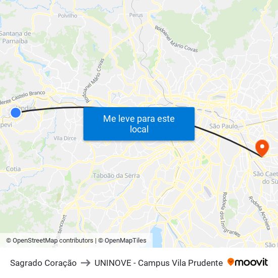 Sagrado Coração to UNINOVE - Campus Vila Prudente map