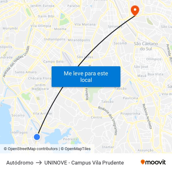 Autódromo to UNINOVE - Campus Vila Prudente map