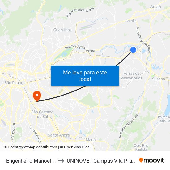 Engenheiro Manoel Feio to UNINOVE - Campus Vila Prudente map