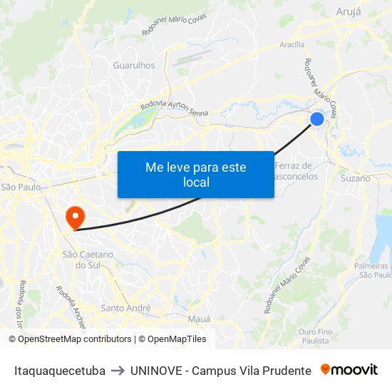 Itaquaquecetuba to UNINOVE - Campus Vila Prudente map