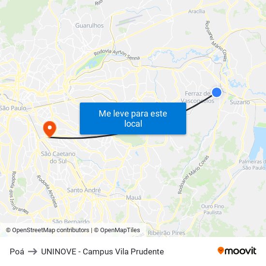 Poá to UNINOVE - Campus Vila Prudente map