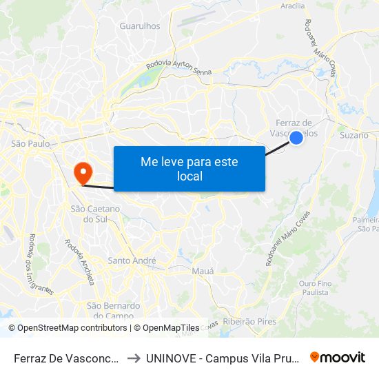 Ferraz De Vasconcelos to UNINOVE - Campus Vila Prudente map