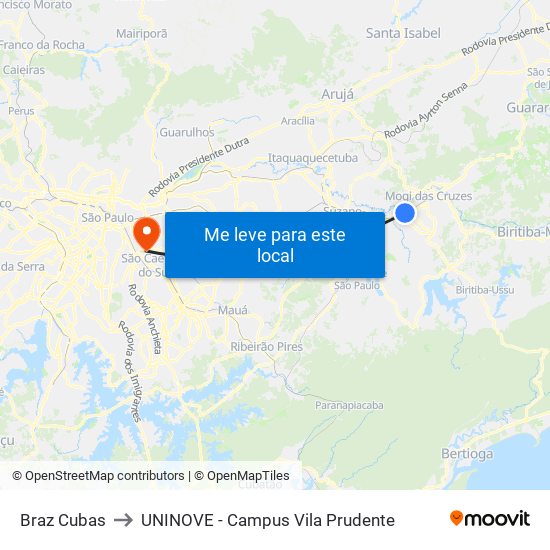 Braz Cubas to UNINOVE - Campus Vila Prudente map