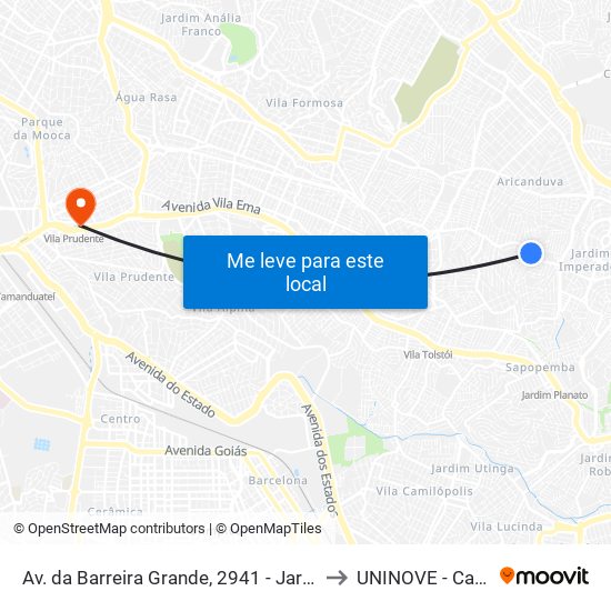 Av. da Barreira Grande, 2941 - Jardim das Rosas (Zona Leste I), São Paulo to UNINOVE - Campus Vila Prudente map