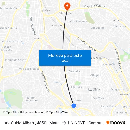 Av. Guido Aliberti, 4850 - Mauá, São Caetano do Sul to UNINOVE - Campus Vila Prudente map