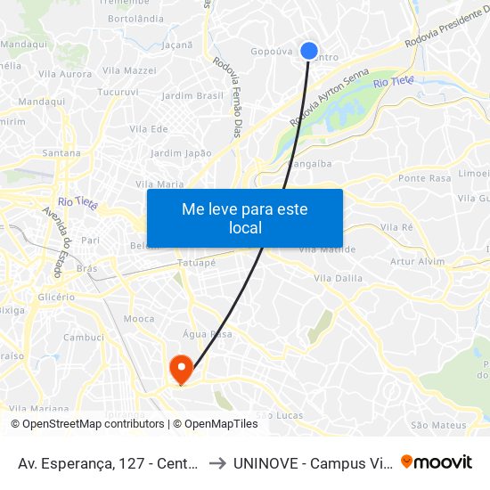 Av. Esperança, 127 - Centro, Guarulhos to UNINOVE - Campus Vila Prudente map