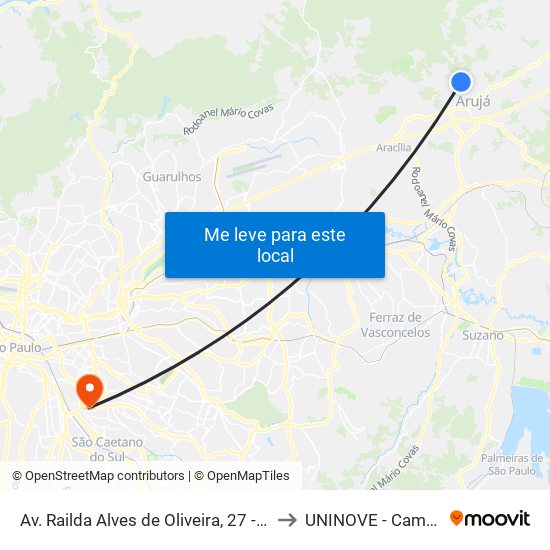 Av. Railda Alves de Oliveira, 27 - Parque Rodrigo Barreto, Arujá to UNINOVE - Campus Vila Prudente map